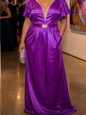 Purple Satin V-Neck Evening Gown